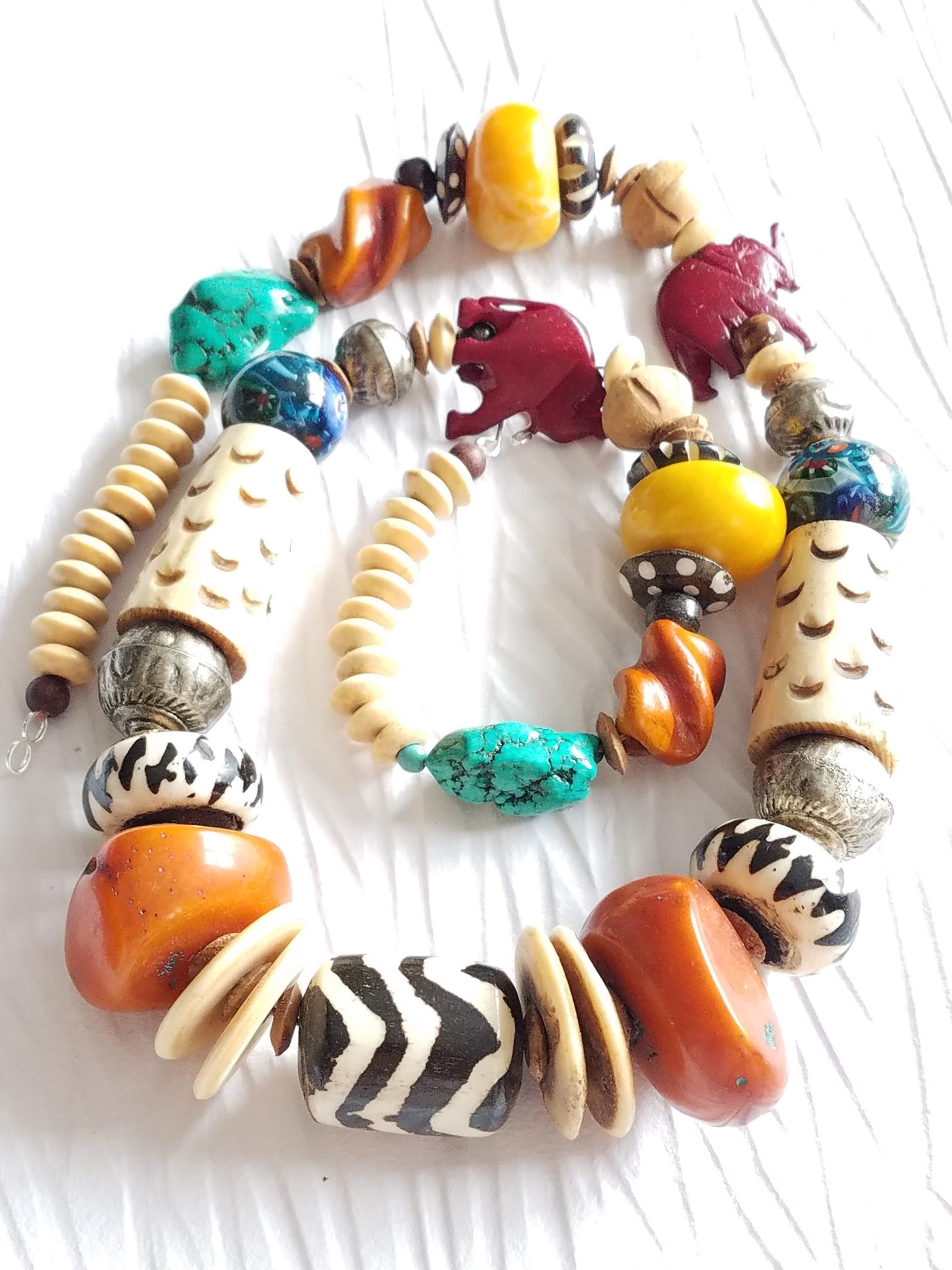 Carved Bone and Horn, Copal Amber Resin Batik Bone Lampwork Glass Elephant Casual Statement Necklace, The Juke Joint