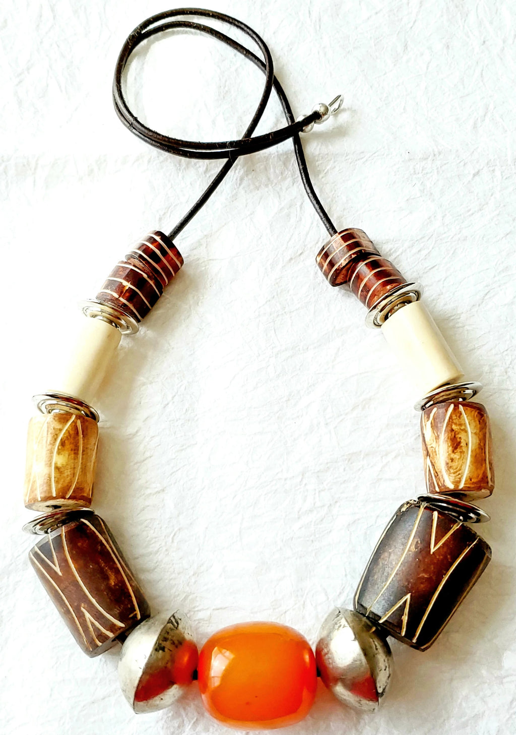 Mens Carved Bone Leather Necklace