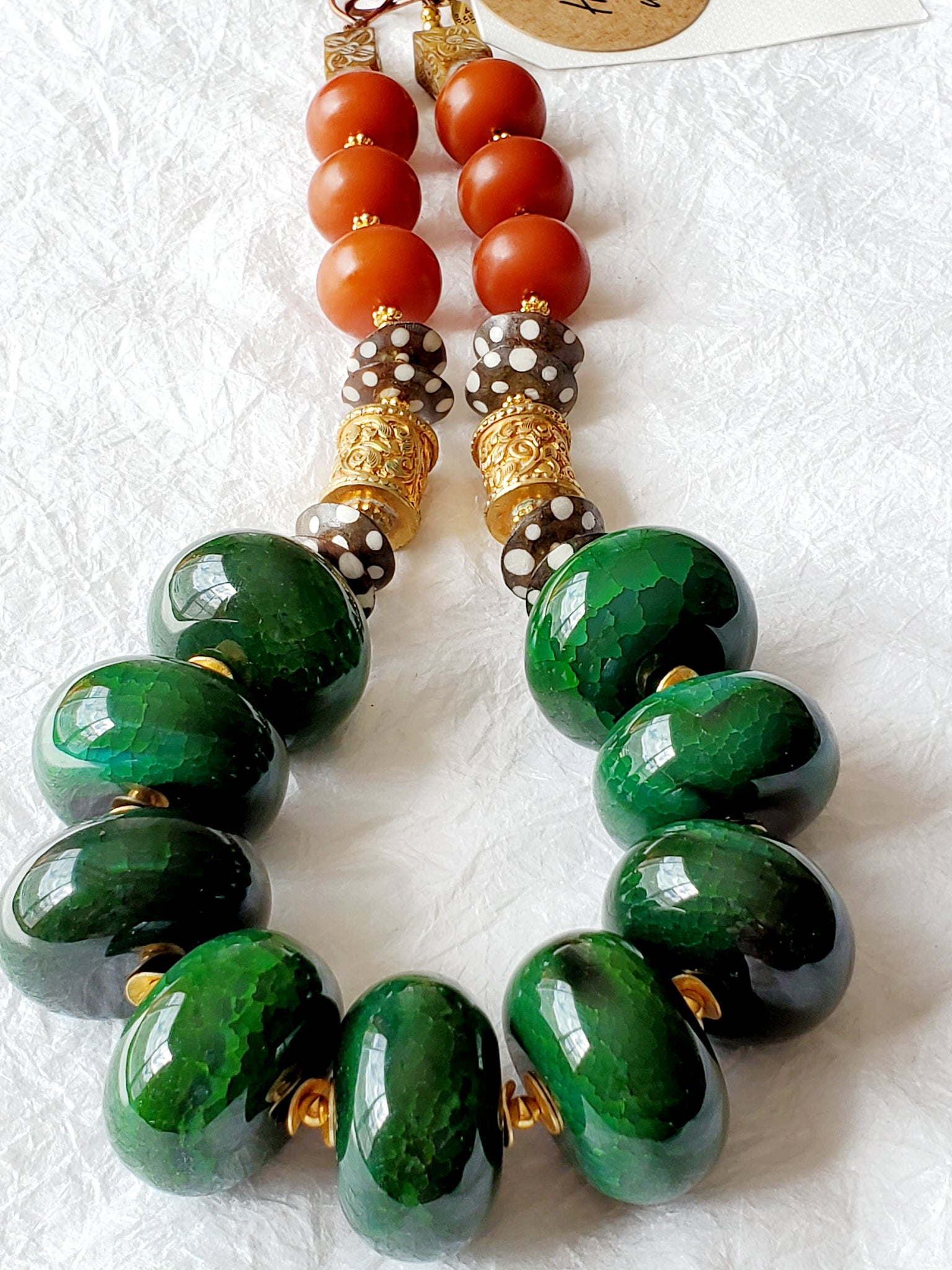 Chunky Emerald Green Agate Orange Rondelle Necklace