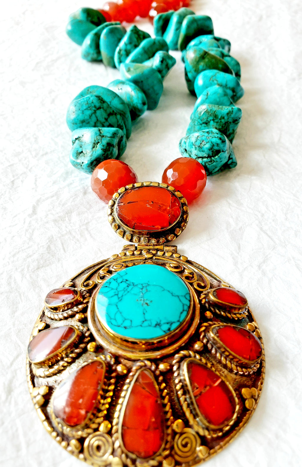 carnelian turquoise Nepalese style chunky statement necklace 