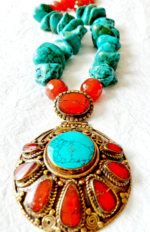 carnelian turquoise Nepalese style chunky statement necklace 