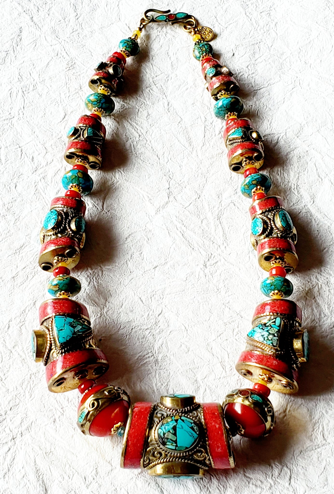 Graduated Solid Brass Coral & Turquoise Inlaid Nepalese Bold Statement Necklace, NRR15302 Tru Deity