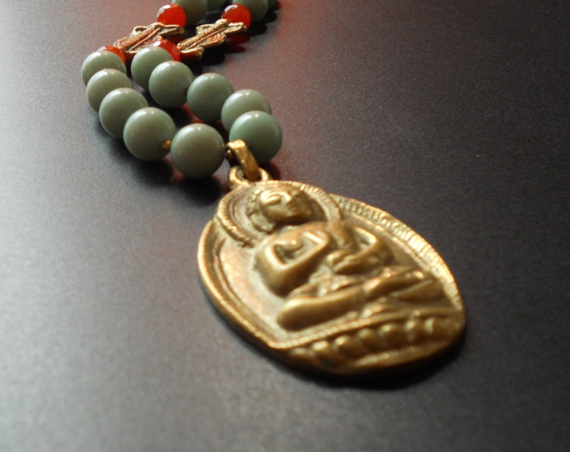 Dyed Mint Jade & Solid Brass Lost Wax Beads Buddha Nepalese Pendant Necklace, NLO1695: Zen Necklace