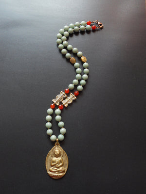 Dyed Mint Jade & Solid Brass Lost Wax Beads Buddha Nepalese Pendant Necklace, NLO1695: Zen Necklace