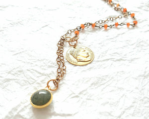 Labradorite and Chalcedony Coin Charm Dainty Necklace, QW091719: So Beautiful Necklace