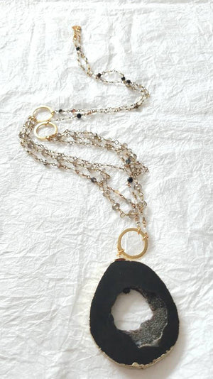 Natural Black Druzy & 14kt Gold Foil Hand Wire Wrapped Chain Agate Multi-Strand Long Necklace, QW101717: Modern Elegance Necklace