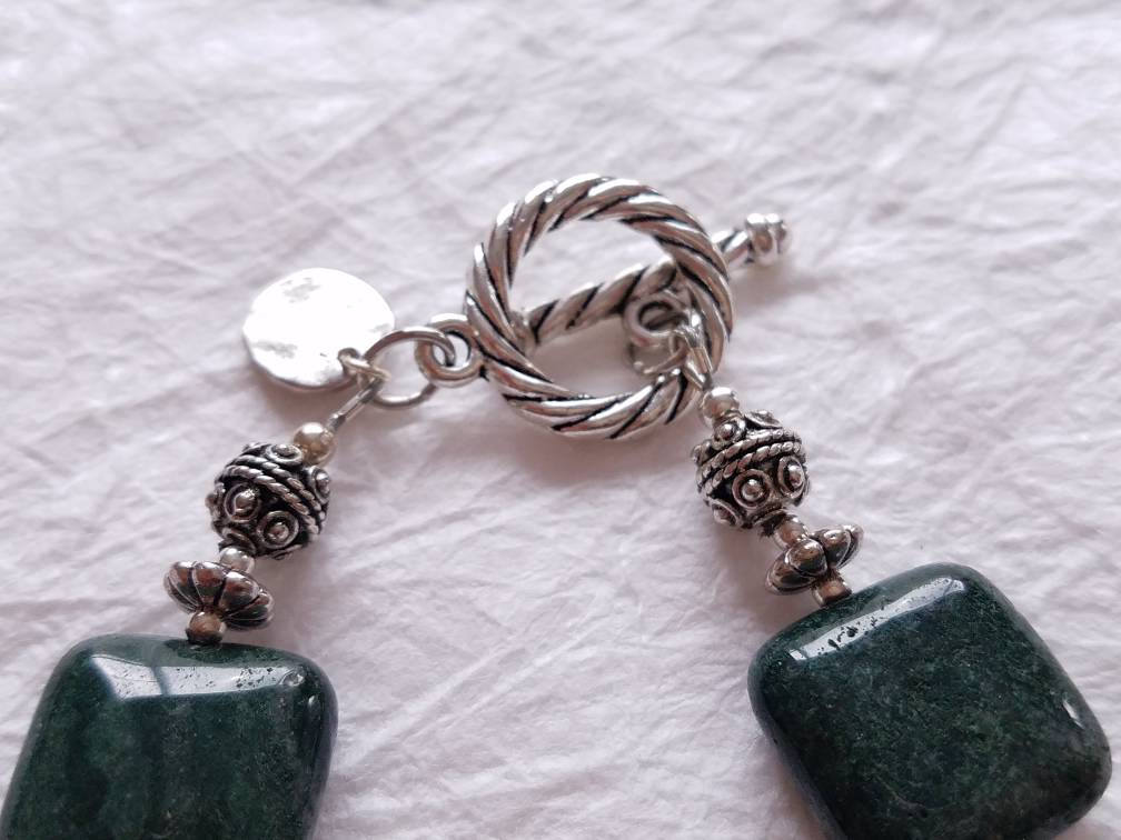 Green Jasper Puffy Square Silver Bali Beads Toggle Clasp Statement Bracelet Divinite Jewellry
