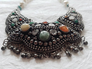 Freshwater Pearl Carnelian and Green Agate Afghani Bib Fringe Necklace, The Venice