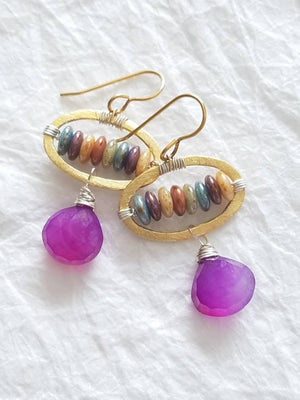 Purple Mystic Chalcedony Picasso Czech Rondelles Gold Plated Oval Contemporary Design Wild Indigo Earrings