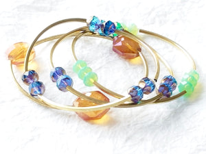 Solid Brass Tube Czech Beads Faceted Glass Multibracelet Stretch Bracelet, Daisies & Poms Bracelet