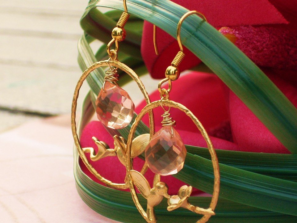 Matte Gold Plated Hoop Hummingbird Pink Crystal Briolette  Hoop Earrings, Sweet Nectar Gold