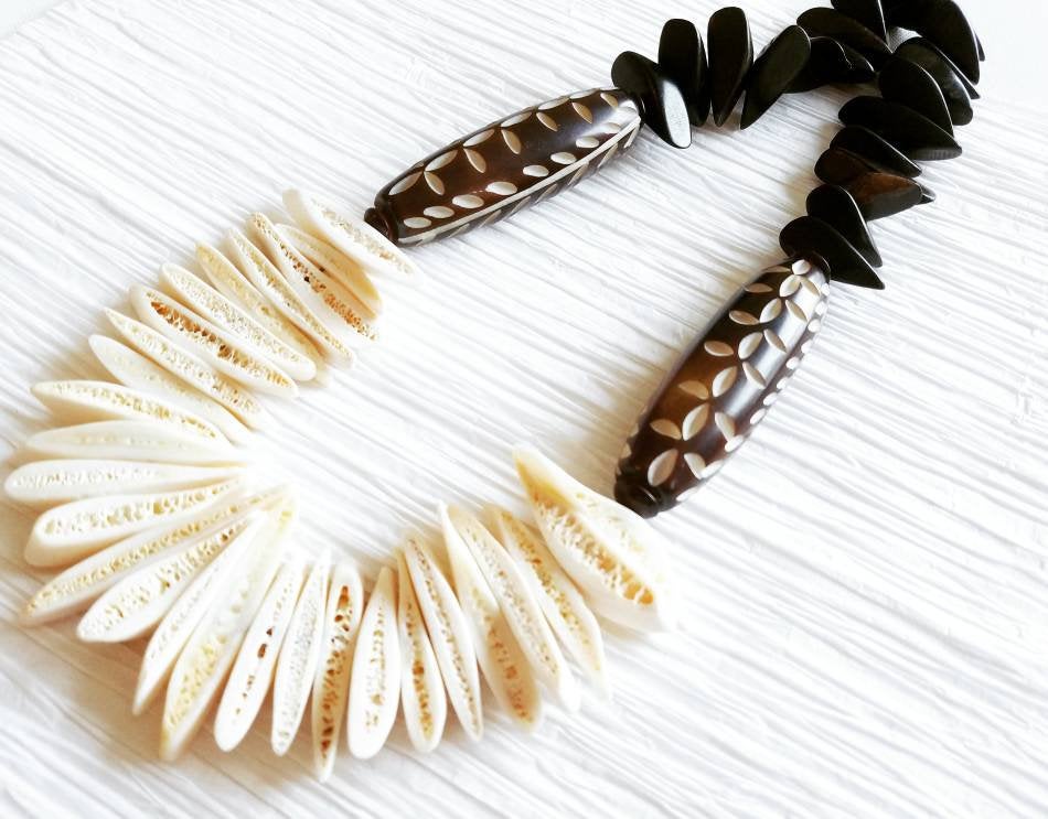 White Bone Freeform Stick Carved Leaf Design Bone Focal with Ebony Wood Petals Statement Ethnic African Exotic Necklace, Arabica & Cream