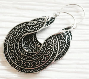 Large Dome Drop Hoop Antique Silver Grecian Inspired Texture Scroll Earrings, Athena Earrings