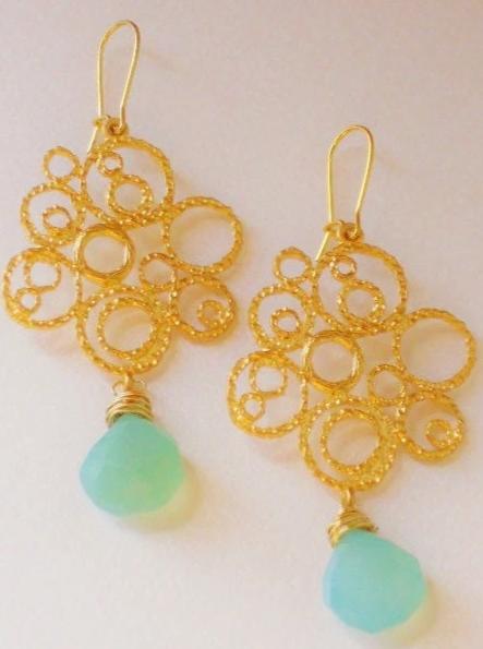 Peruvian Blue Chalcedony Wire Wrapped Multicircle Earrings, Bubbling Beauty