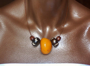 Copal Amber Resin and Vintage Batik Bone Yellow Brown Minimalist Unisex Necklace, The Maxwell