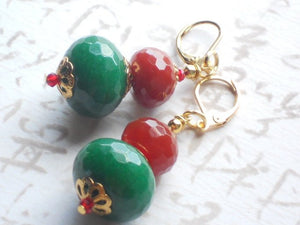Red Carnelian and Dyed Green Jade Gold Leverback Earring, Krishna Earrings